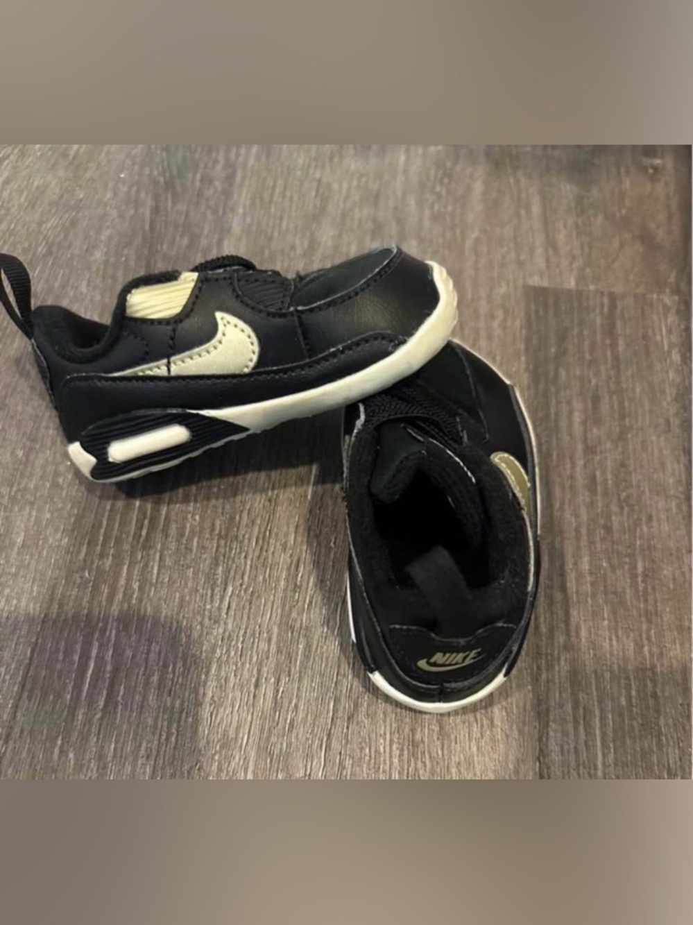 Soft bottom Nike Kids Black and Cream Swoosh Athletic Shoes